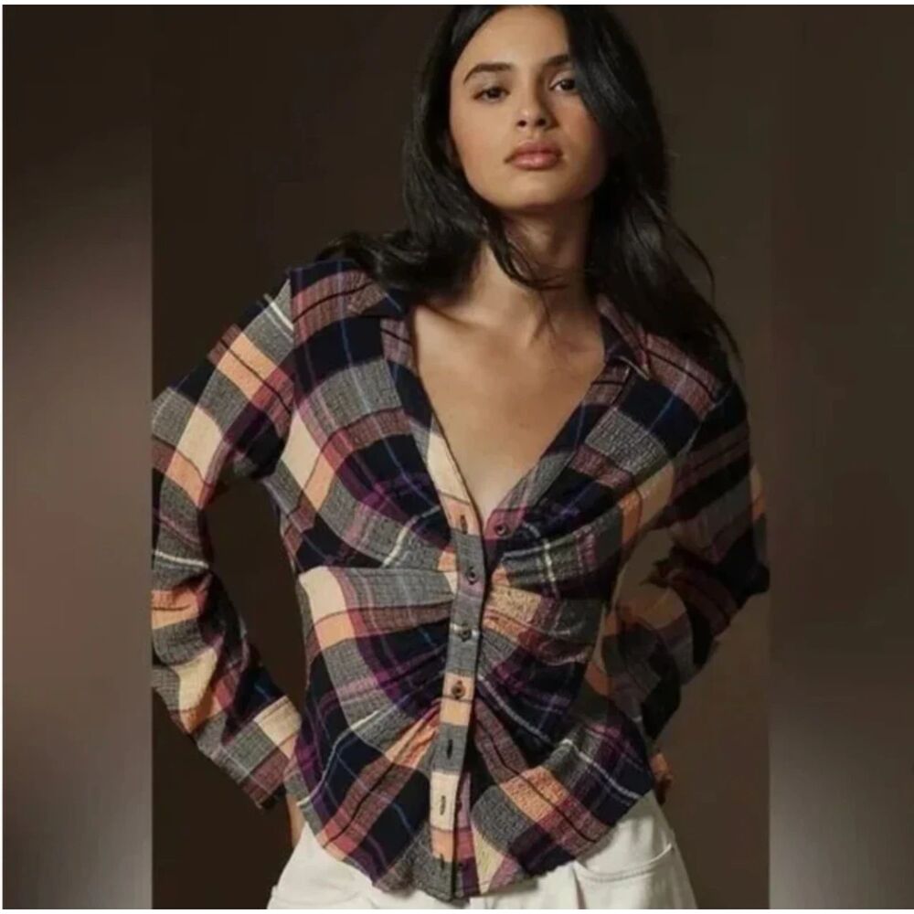 Anthropologie Pilcro Ruched Deep-V Plaid Flannel Long Sleeve Top Small Petite